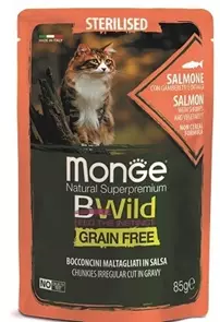 Паучи беззерновые Monge BWild для стерилизованных кошек из лосося с креветками и овощами (Pouch Grain Free Sterilised Cat Salmon and Shrimps with vegetables) 70012782