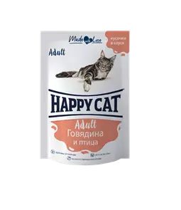 Пауч Happy Cat для взрослых кошек кусочки в соусе Говядина и птица 7502318